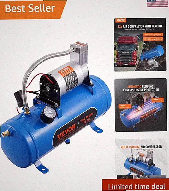 Universal 12V Train Horn Air Compressor with 1.6 Gallon Tank & 120 psi Pressure
